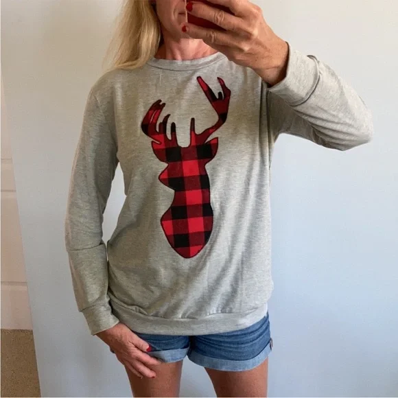 French Terry Long Sleeve Plaid Reindeer Top - Picture 2 of 7